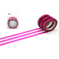 a package of pink and purple tape with three rolls of the same tape, and a single roll of tape is lying on its side on a white background.