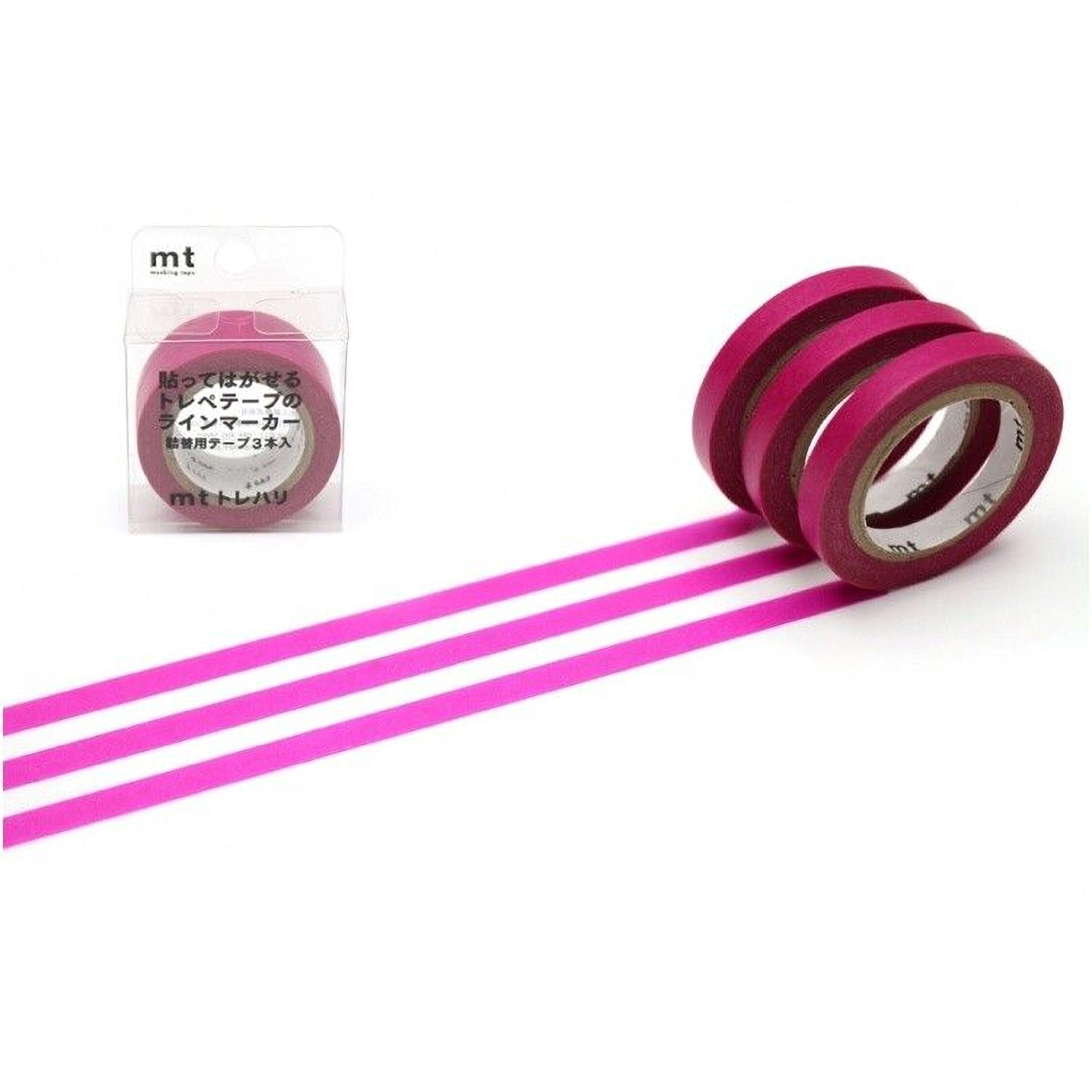 a package of pink and purple tape with three rolls of the same tape, and a single roll of tape is lying on its side on a white background.