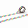 a roll of rainbow-colored tape with a vibrant, multicolored pattern.