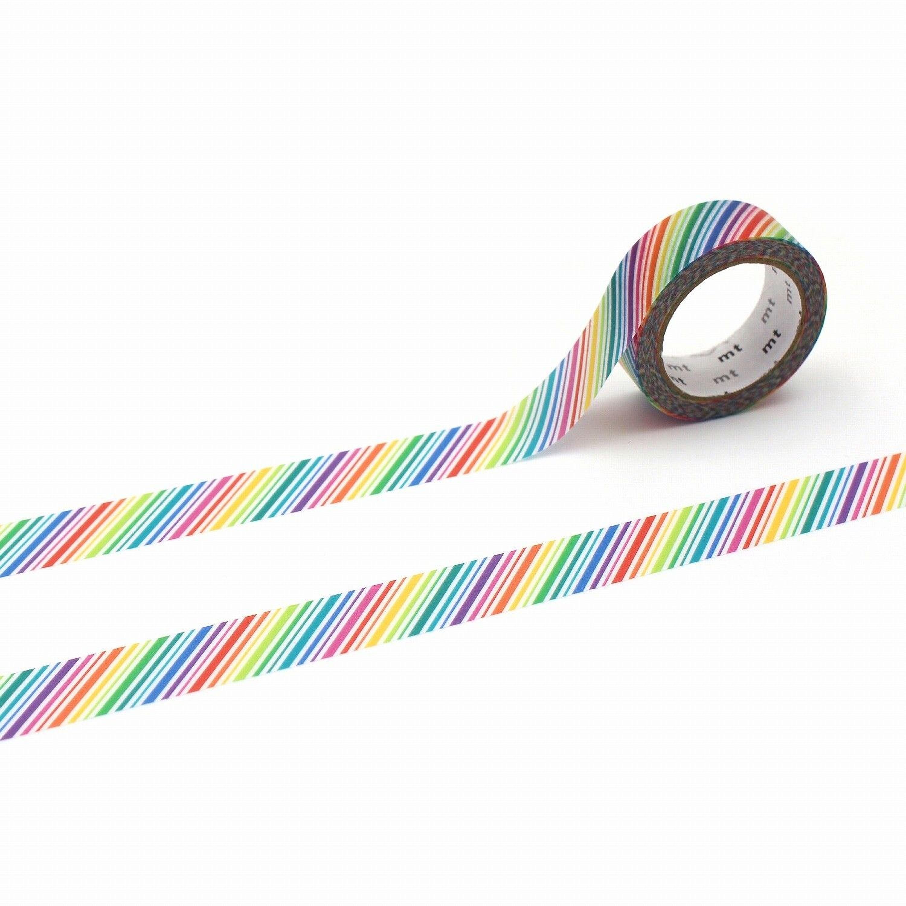 a roll of rainbow-colored tape with a vibrant, multicolored pattern.