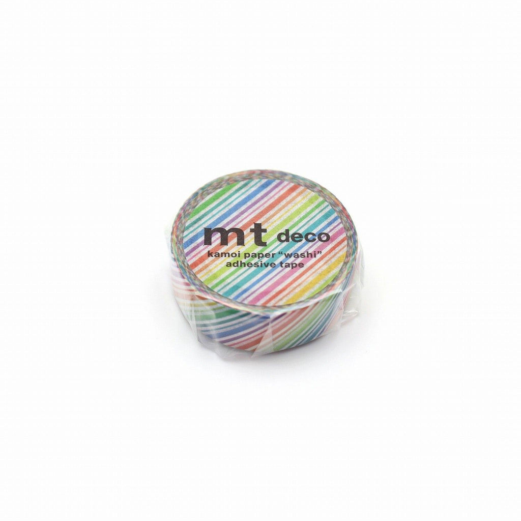 A roll of colorful, striped tape with the text "mt deco" printed on it.