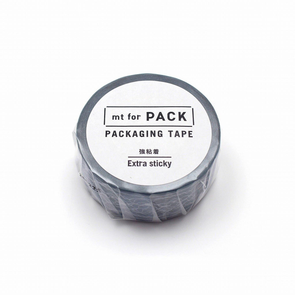 A roll of packaging tape with the label "mt for PACK PACKAGING TAPE Extra sticky" printed on it.