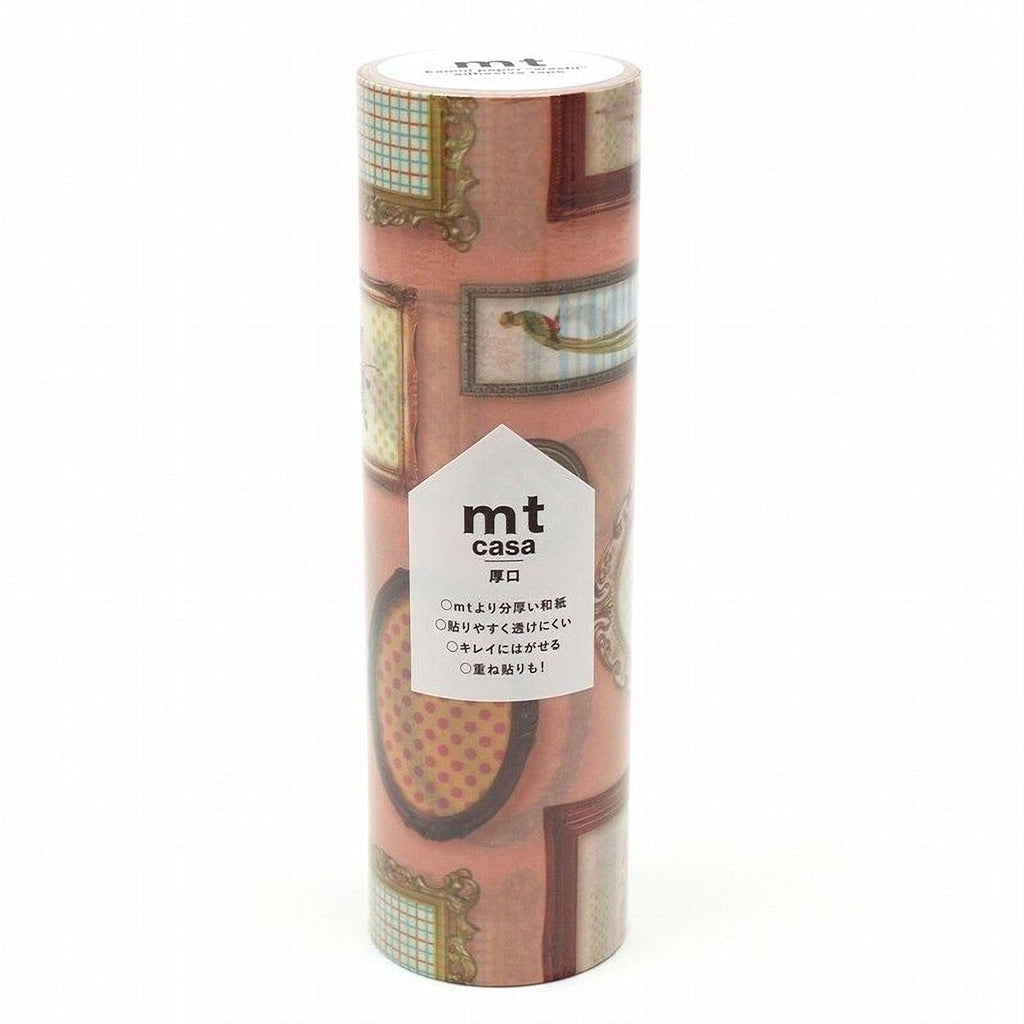 A cylindrical tube of tape with a pattern of colorful frames and designs on it.