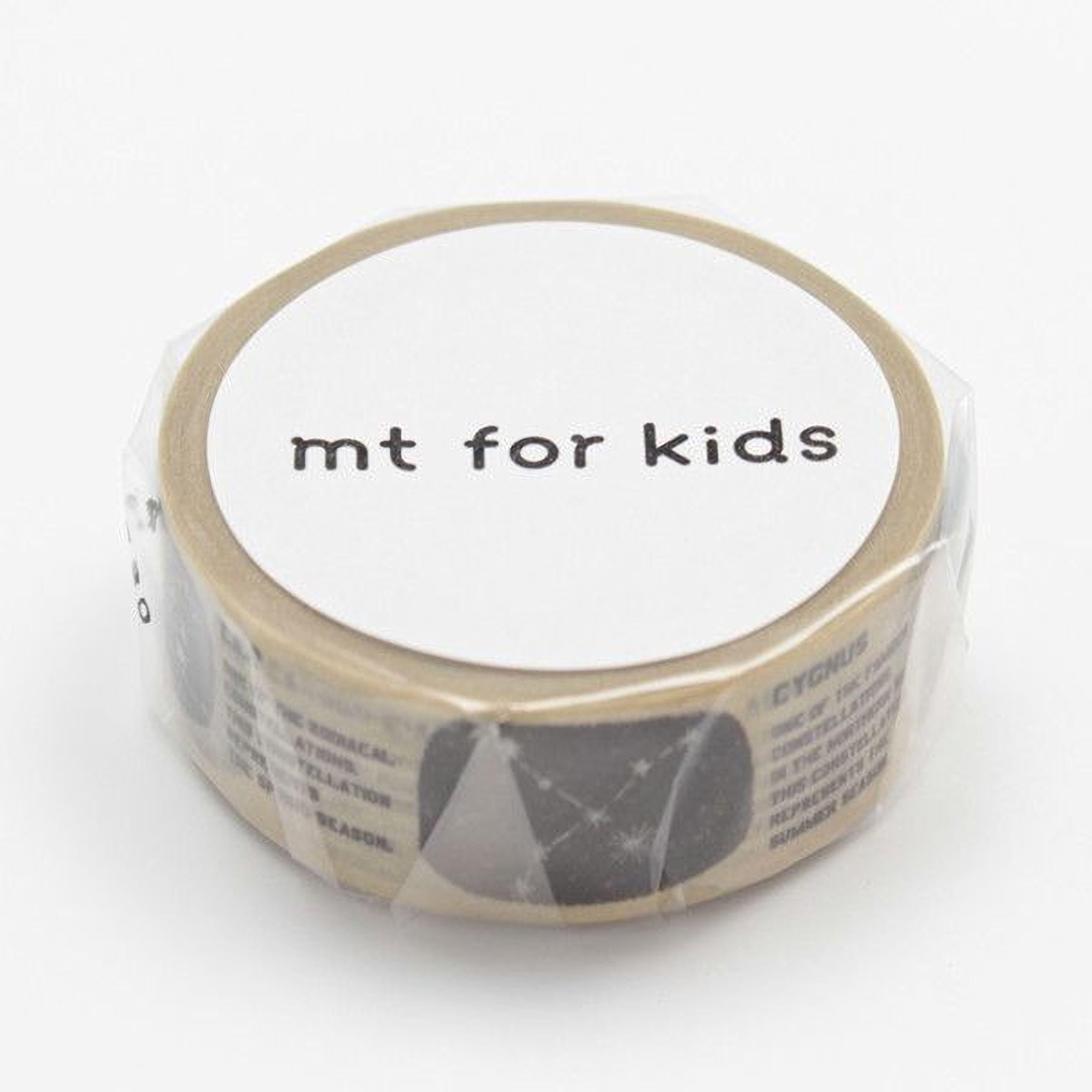 A roll of tape with the text "mt for kids" printed on it.