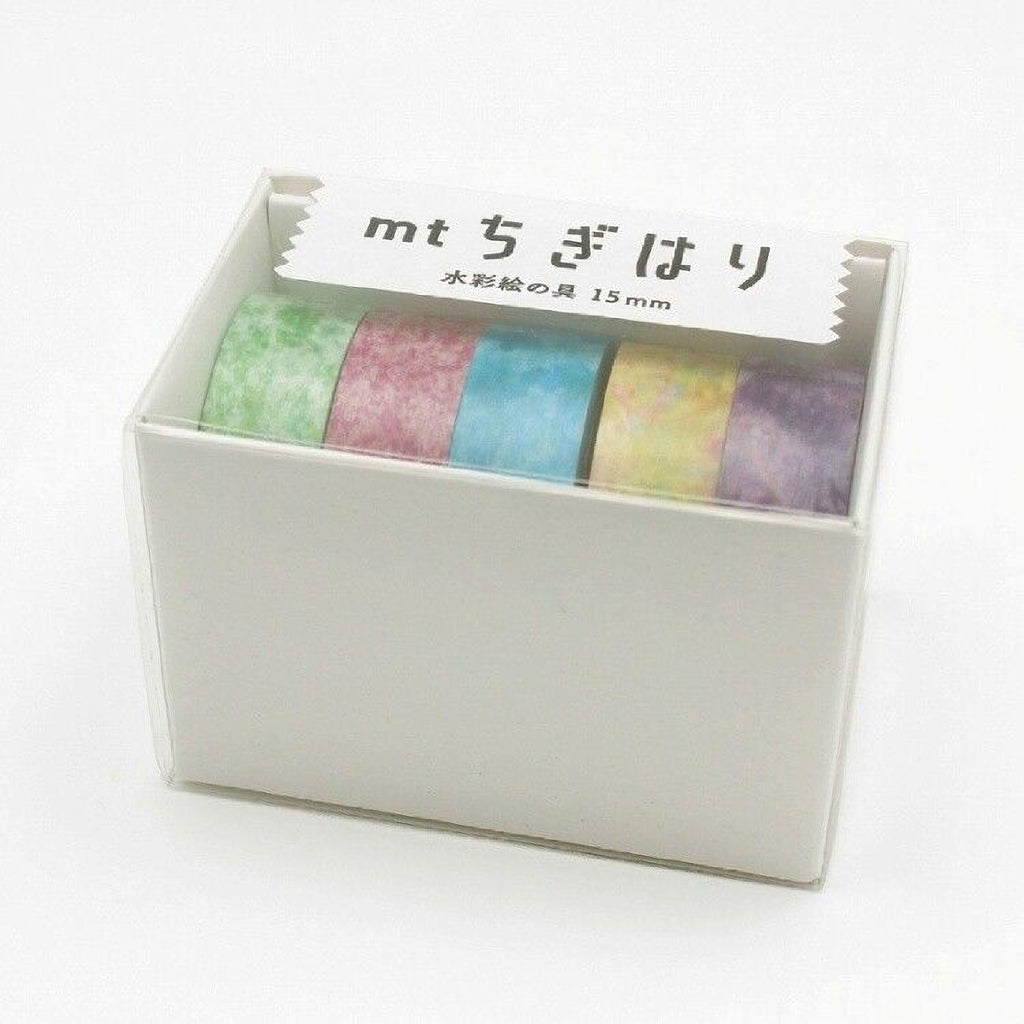 A white box containing four rolls of colorful washi tape, with a label indicating the size and price.