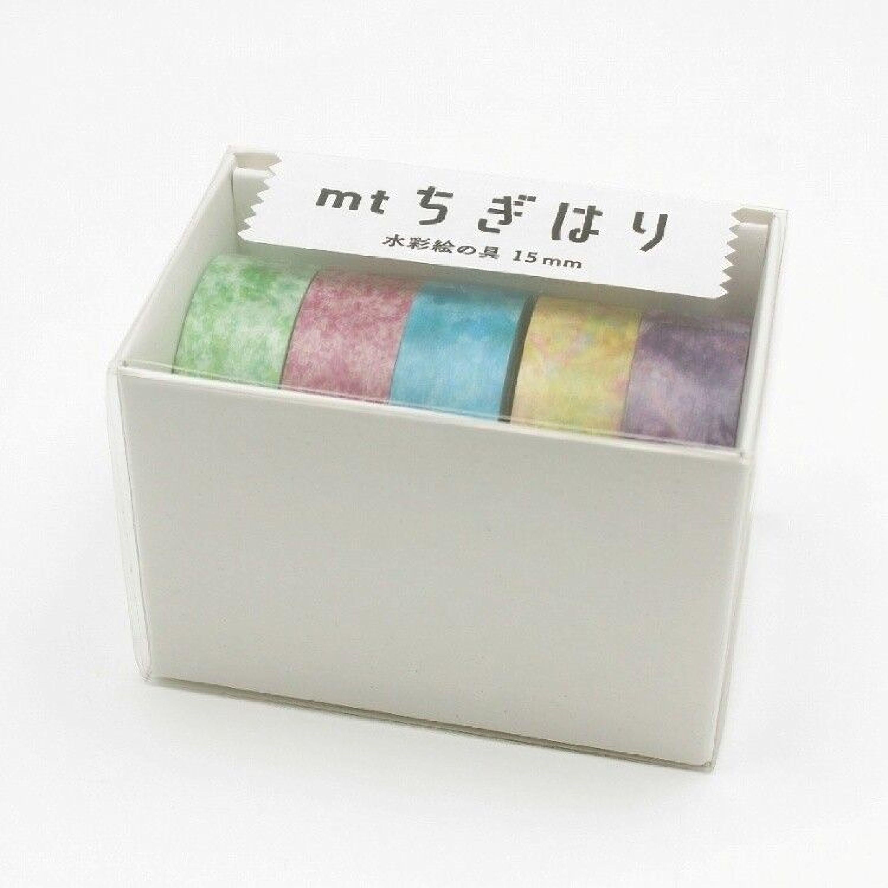 A white box containing four rolls of colorful washi tape, with a label indicating the size and price.