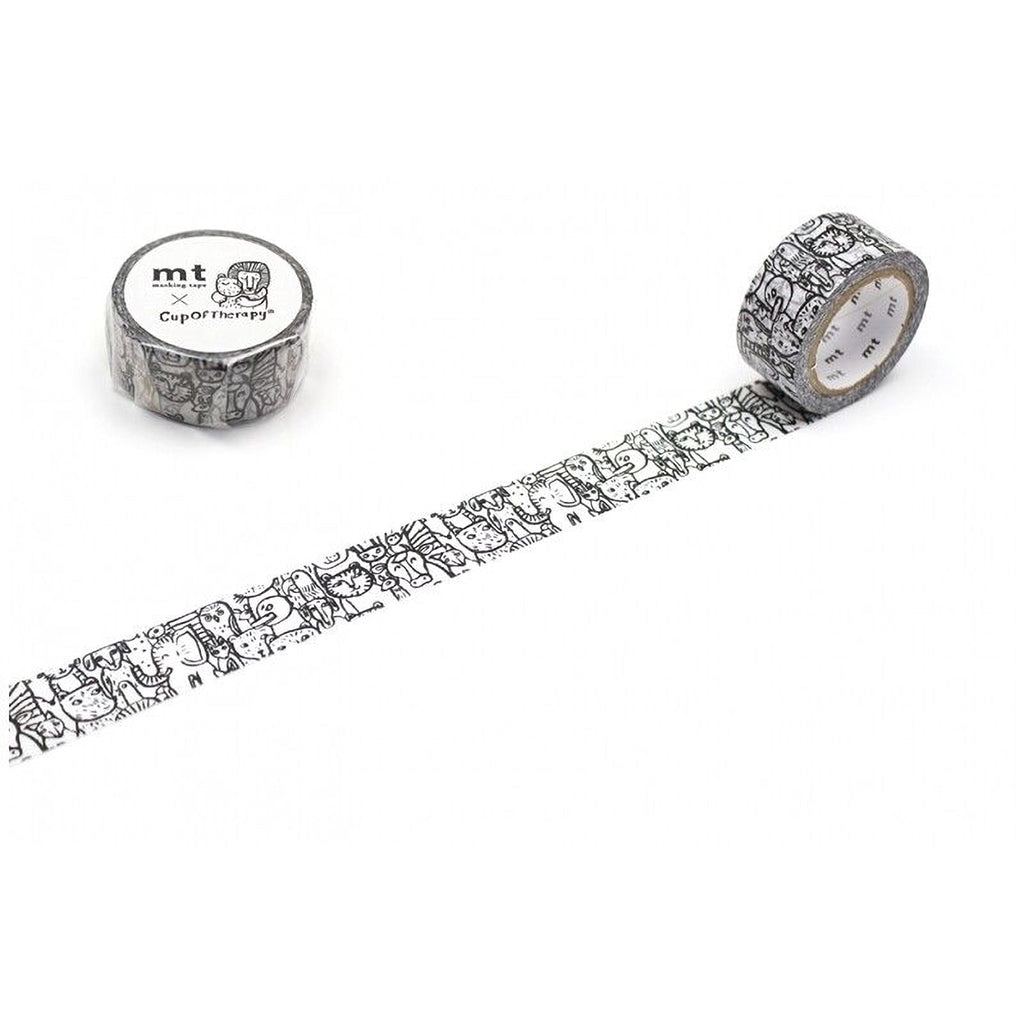 a roll of black and white patterned tape with a repeating design of cats and paw prints.