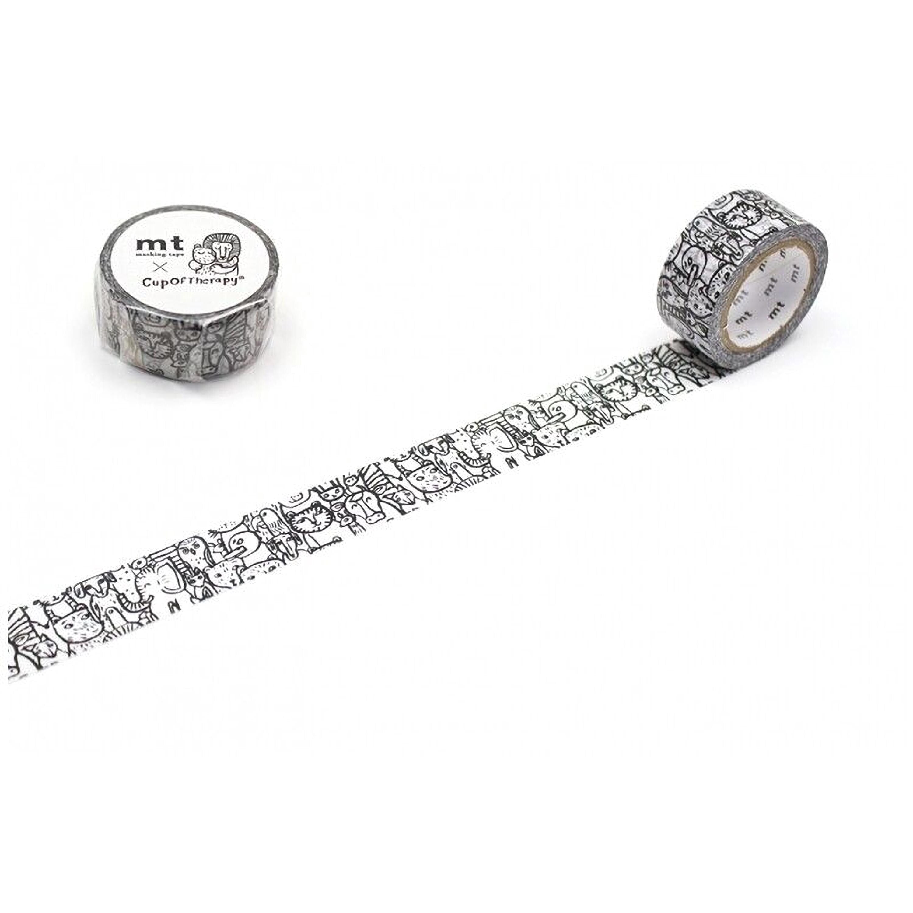 a roll of black and white patterned tape with a repeating design of cats and paw prints.