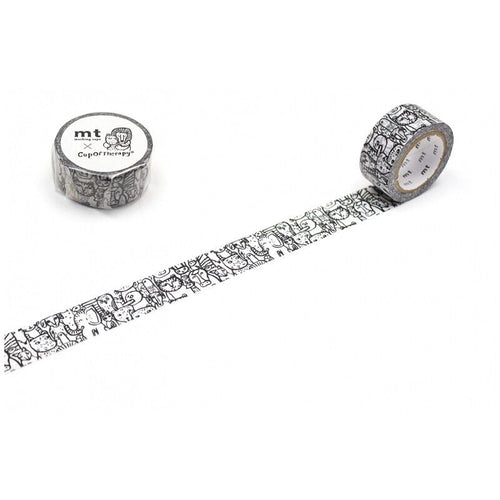 a roll of black and white patterned tape with a repeating design of cats and paw prints.