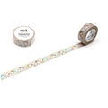 a roll of Peanuts-themed washi tape and a roll of regular washi tape, both with a pattern of cartoon characters on them.