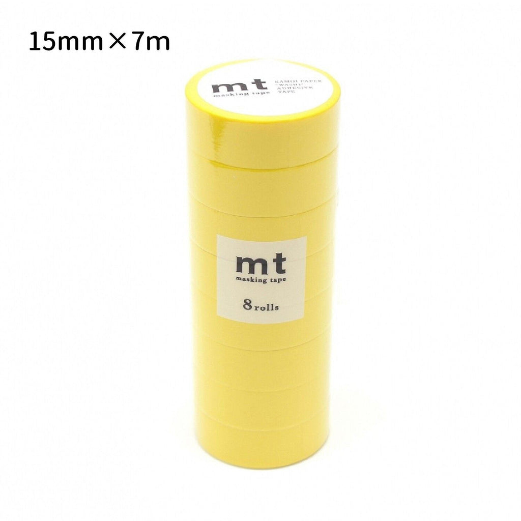 A cylindrical yellow tube of masking tape with the label "mt masking tape" and "8 rolls" printed on it.