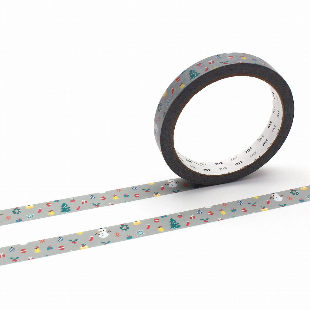 A roll of patterned tape with a Christmas-themed design is shown against a white background.