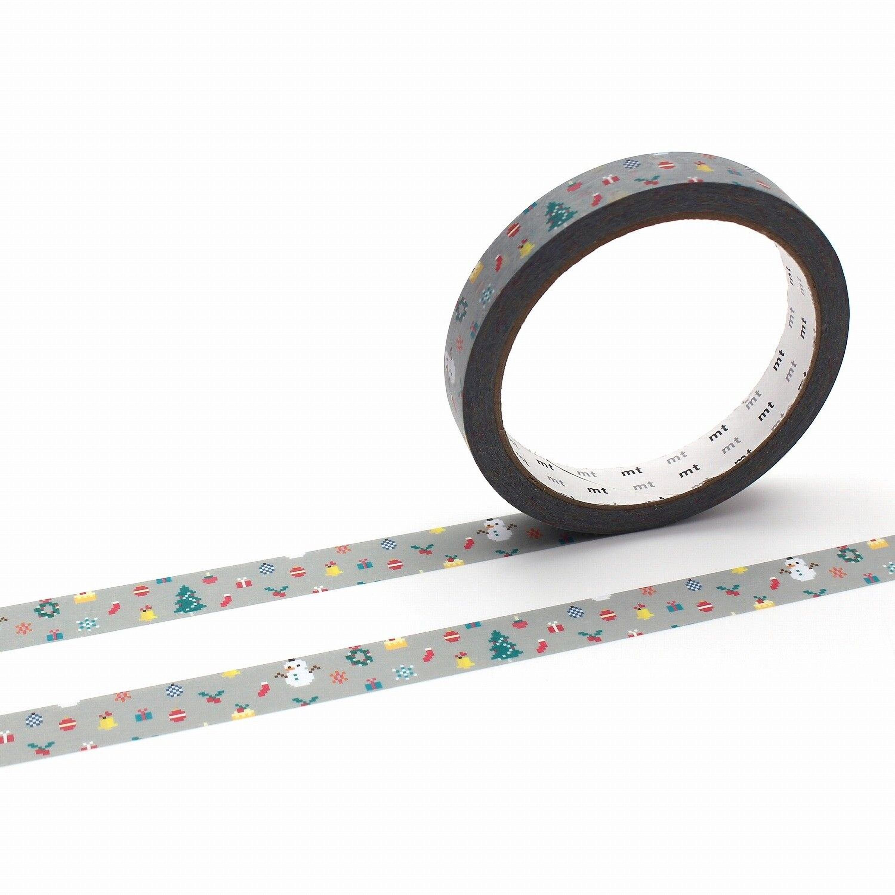 A roll of patterned tape with a Christmas-themed design is shown against a white background.