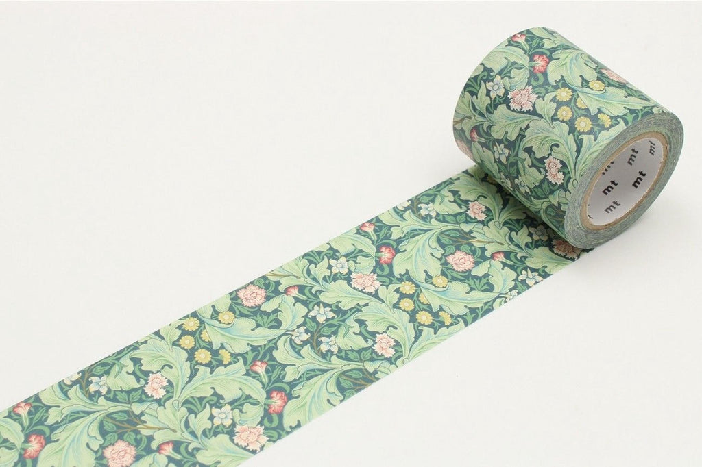 A roll of patterned tape with a floral design on it, lying on a white surface.