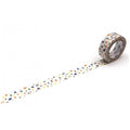 A roll of colorful patterned tape with a repeating design of various shapes and colors.