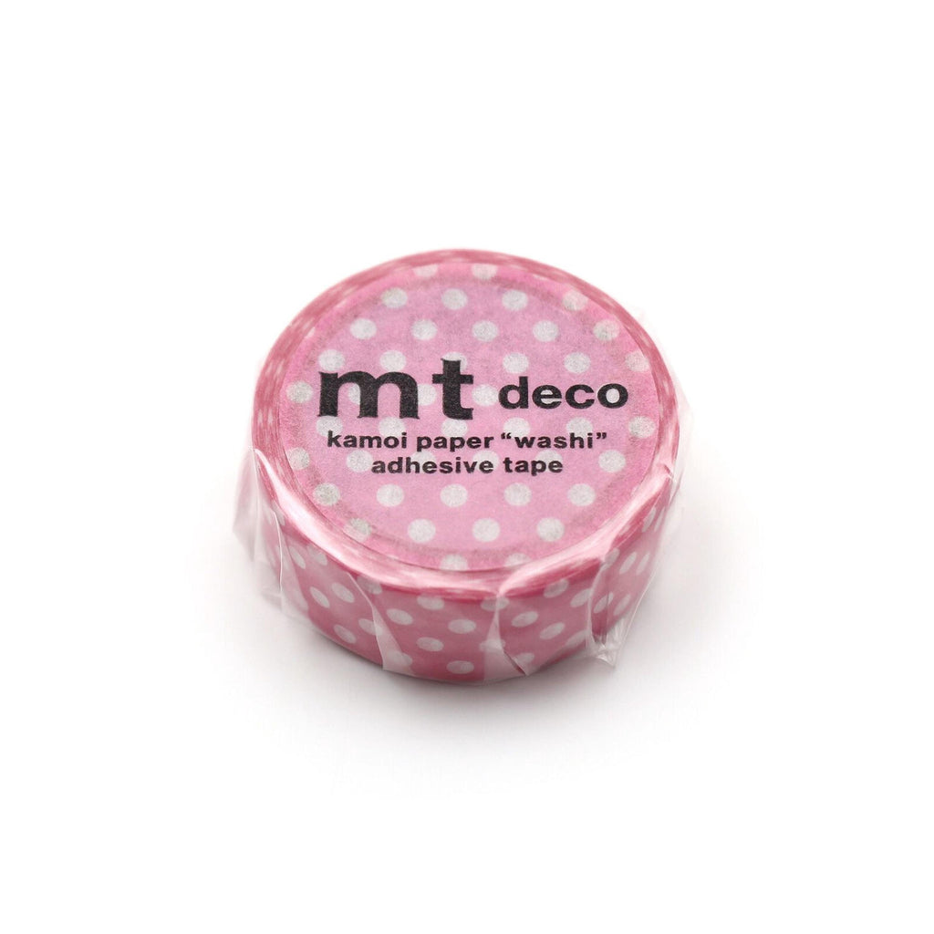 A pink and white polka dot tape roll with the text "mt deco kamoi paper "washi"" adhesive tape" printed on it.
