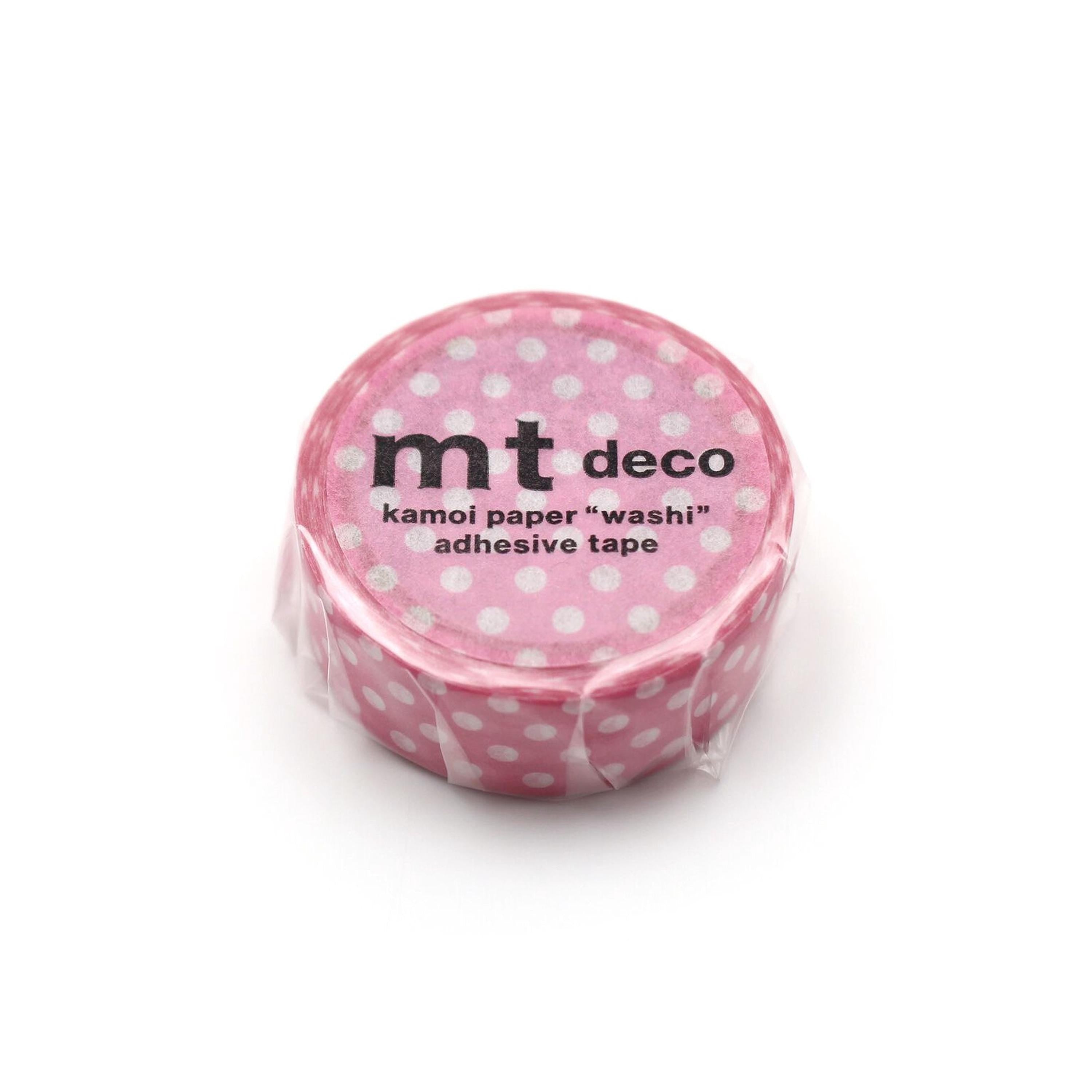 A pink and white polka dot tape roll with the text "mt deco kamoi paper "washi"" adhesive tape" printed on it.
