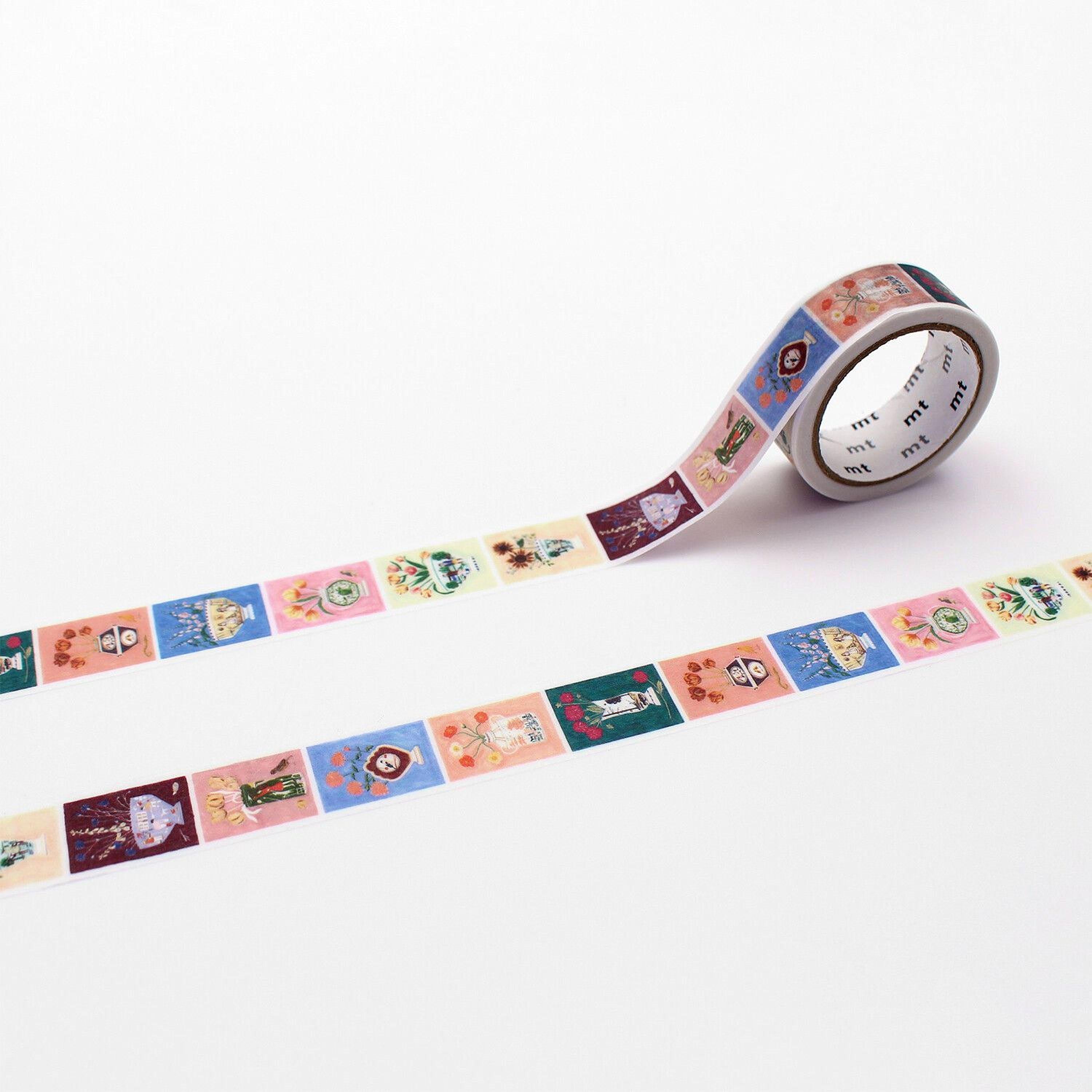 a roll of colorful tape with various images printed on it, including a variety of objects and scenes.