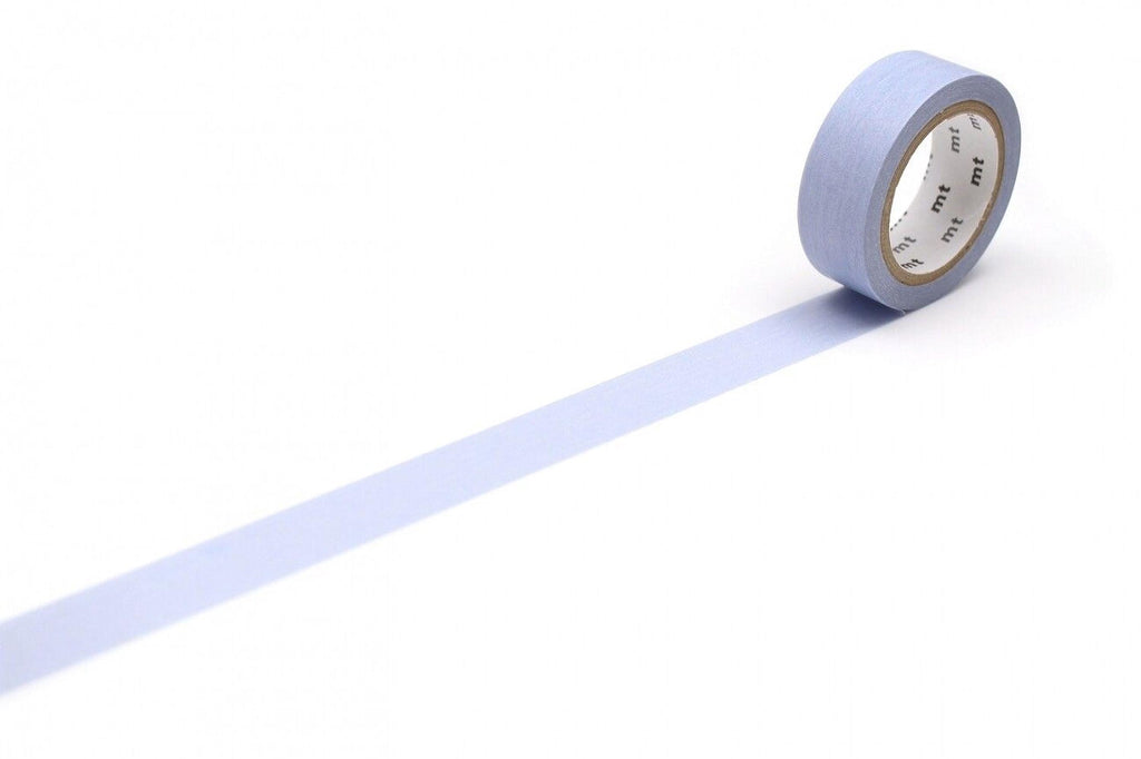 A roll of light blue masking tape is lying on a white background, with a single blue line extending from the tape.