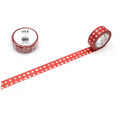 a roll of red and white patterned tape and a red and white patterned tape on a white background.