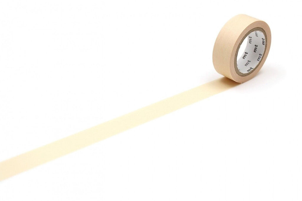 A roll of light brown tape is lying on a white surface, with a single line of tape extending from the top of the roll to the bottom.