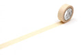 A roll of light brown tape is lying on a white surface, with a single line of tape extending from the top of the roll to the bottom.