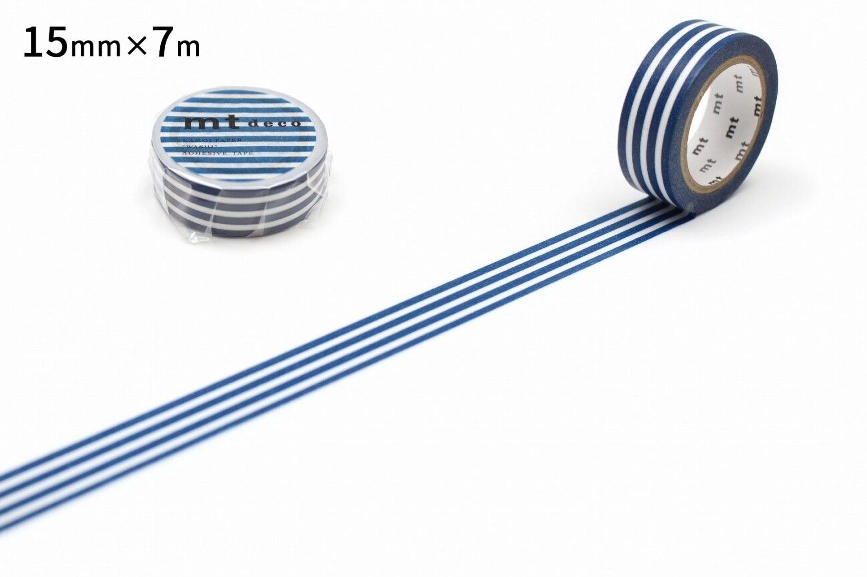 a roll of blue and white striped tape and a single roll of tape on a white background.