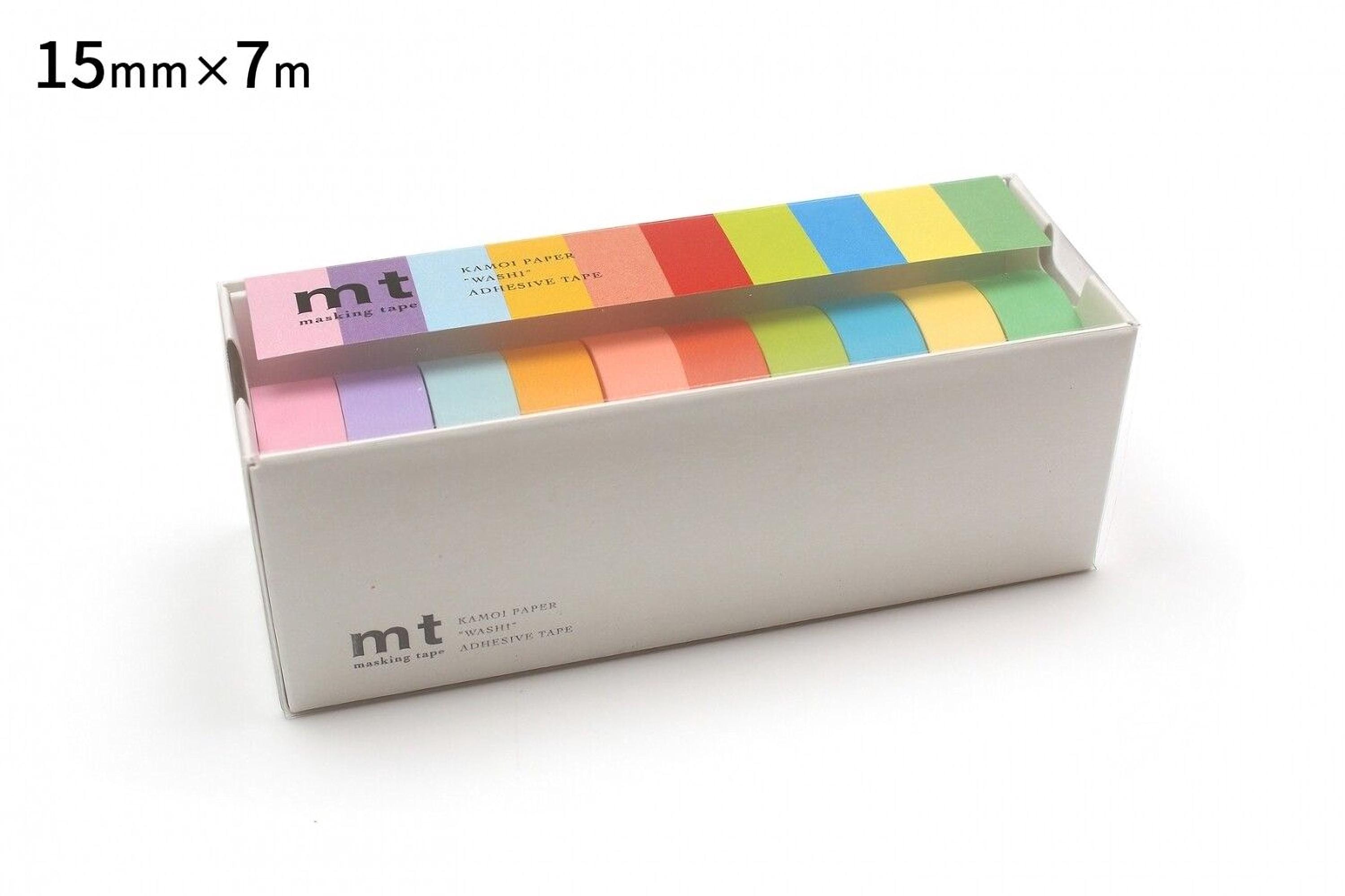 A box containing a set of colorful masking tape rolls.
