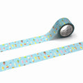 a roll of blue tape with a repeating pattern of colorful ice cream cones on it.