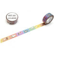 a roll of colorful washi tape with various cartoon-style illustrations on it, lying on a white surface next to a roll of tape.