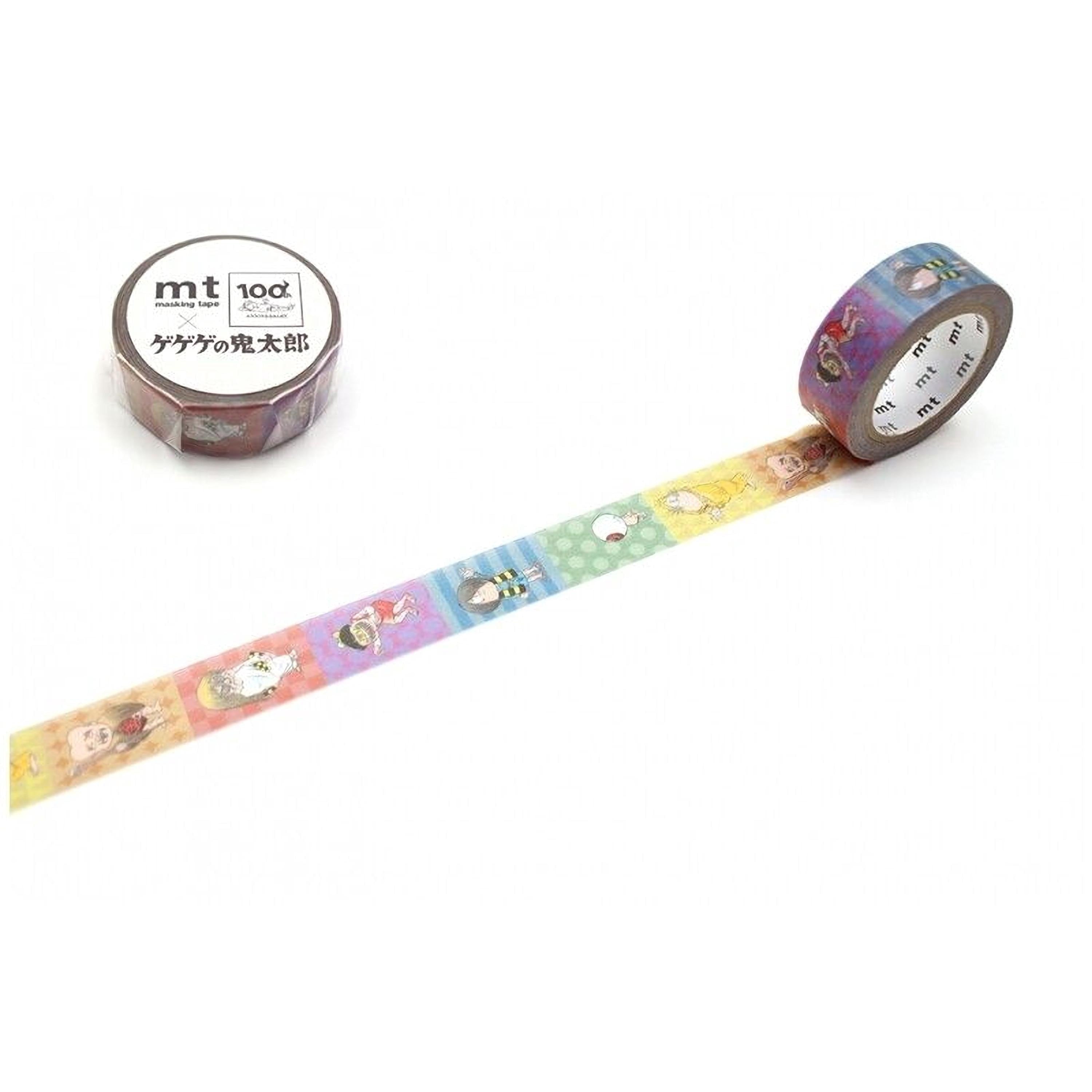 a roll of colorful washi tape with various cartoon-style illustrations on it, lying on a white surface next to a roll of tape.