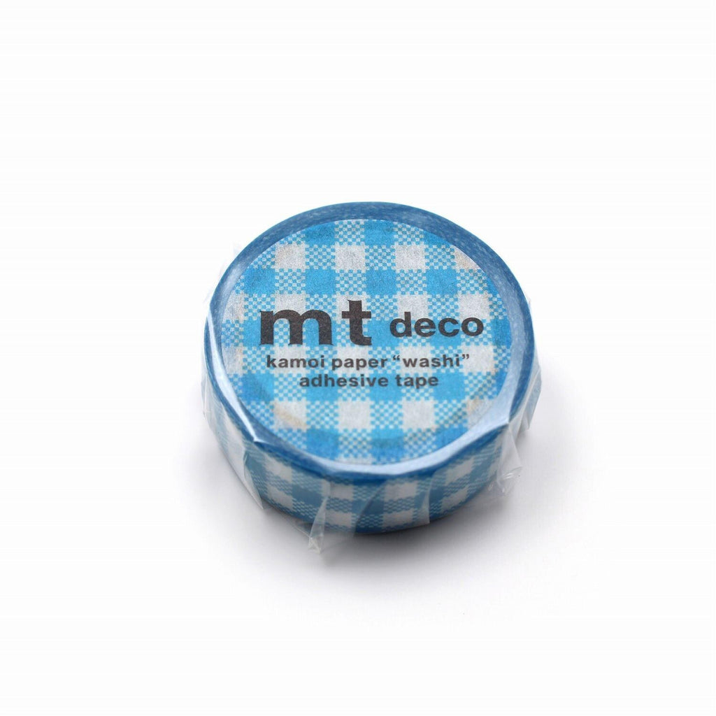 A blue and white checkered tape roll with the text "mt deco kamot paper 'washi' adhesive tape" printed on it.