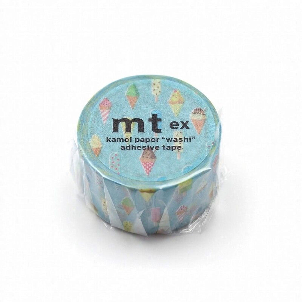 A roll of kamoli paper "washi" adhesive tape with a blue and white color scheme and ice cream designs.