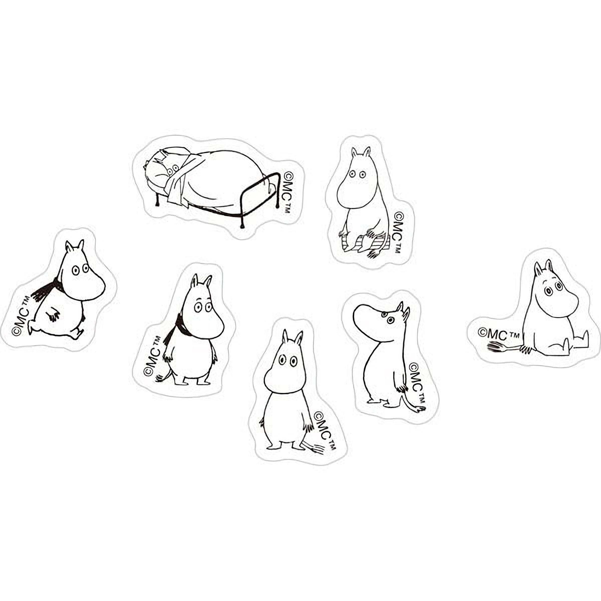 A collection of cartoon-style stickers depicting various Moomo characters, including a sleeping bed and other miscellaneous objects.