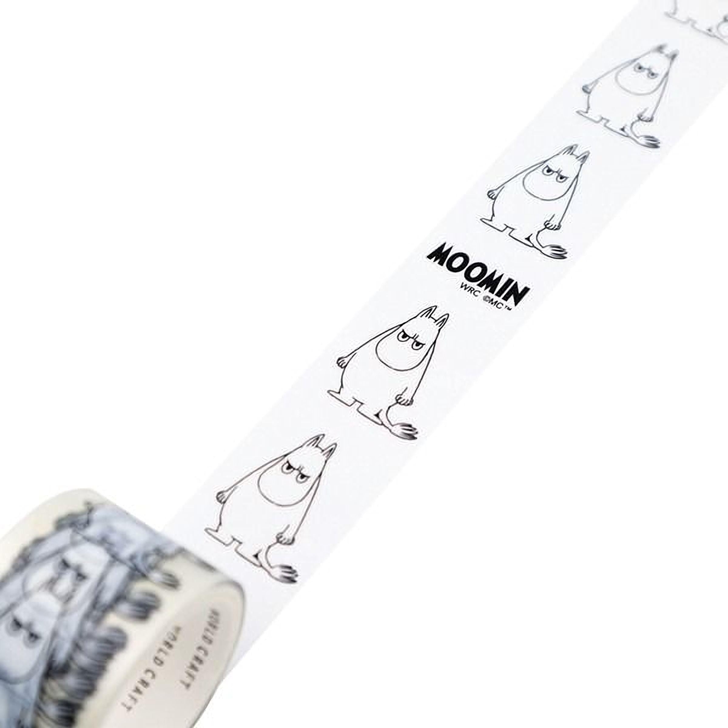 A roll of tape with a repeating pattern of cartoon-like figures, likely representing the character Moomin from the Moomin cartoon series.