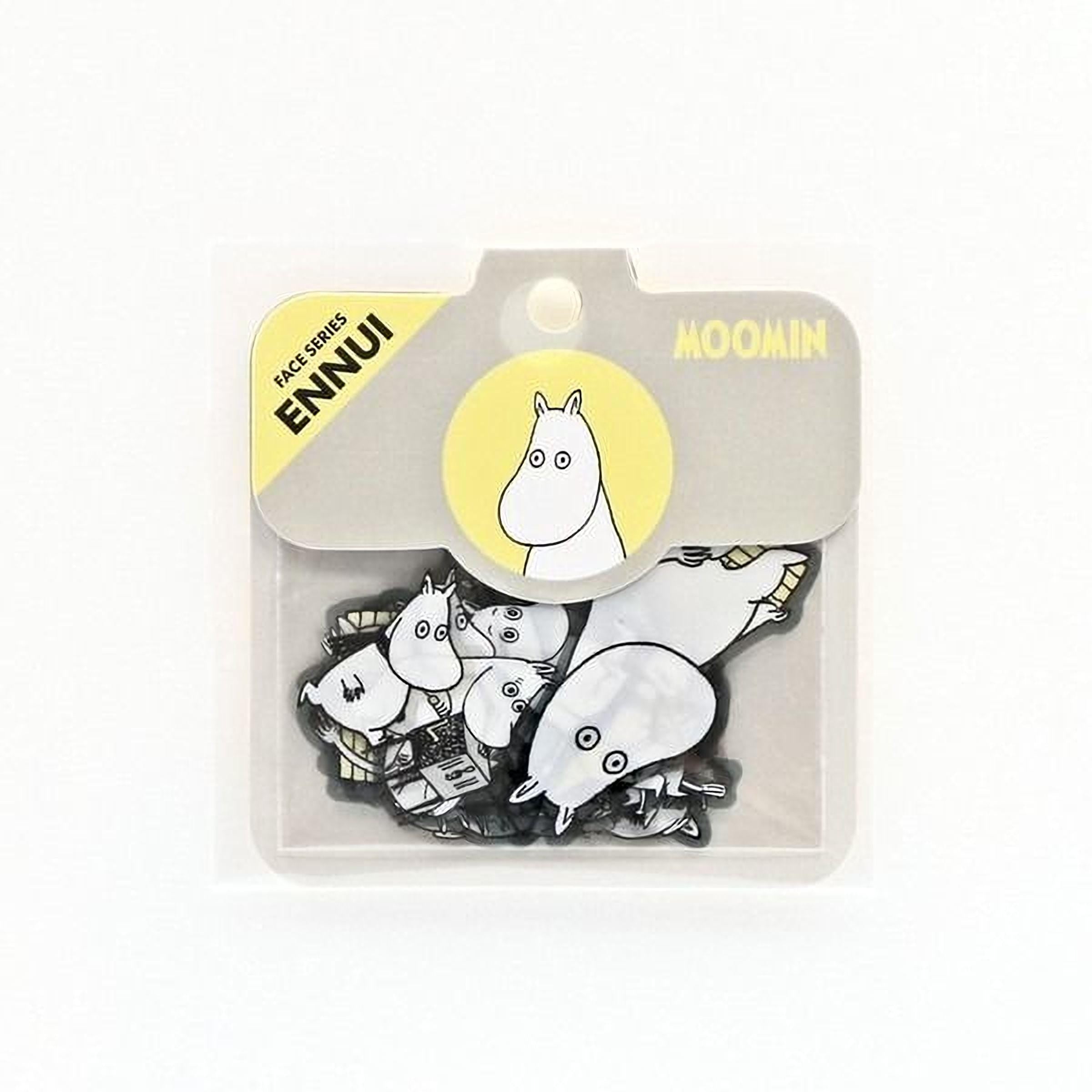 a package of stickers featuring cartoon-style illustrations of a character, likely Moomin, with a yellow circle containing the character's face.