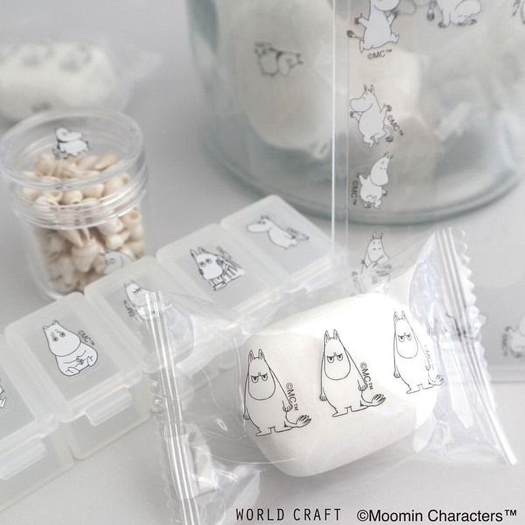 a collection of Moomin character-themed items, including a clear container with Moomin characters, a clear container with Moomin characters, and a clear container with Moomin character-themed items.
