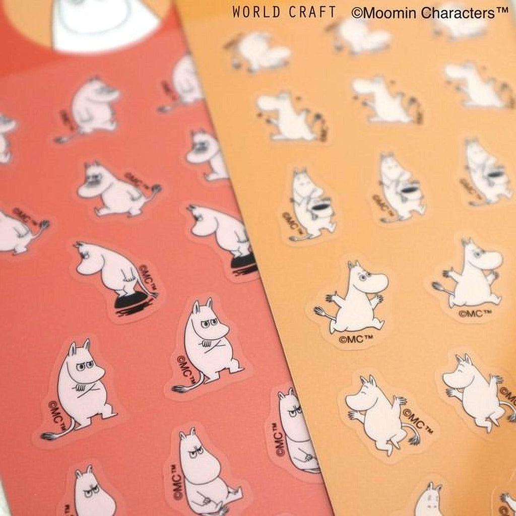 a collection of stickers featuring the character Moomin from the Moomin series. The stickers are arranged in two rows, with one row in a red background and the other in an orange background. The stickers depict various poses and expressions of the Moomin character, creating a visually engaging and playful design.
