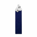 A blue bookmark with a white character resembling a cat's head peeking out from the top.