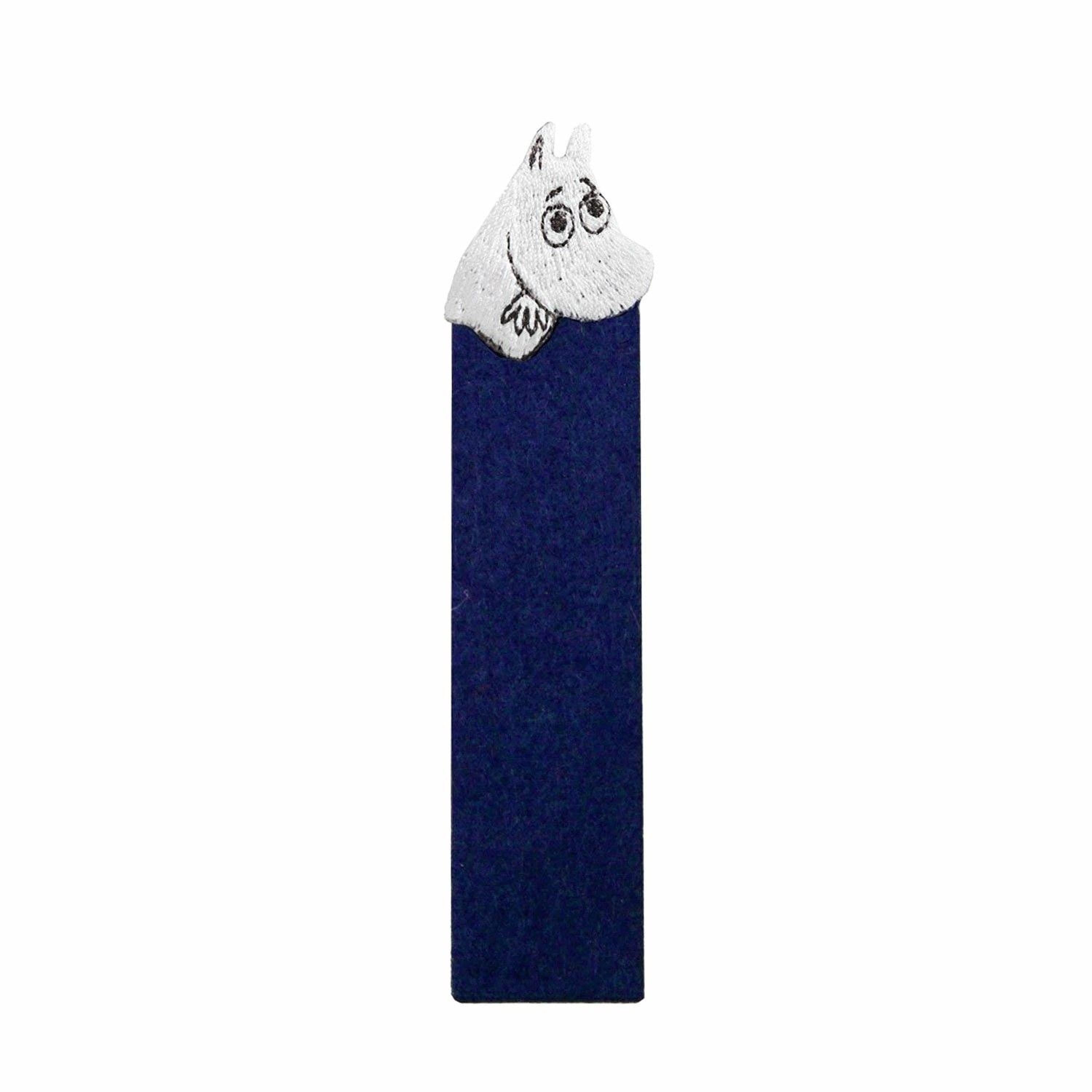 A blue bookmark with a white character resembling a cat's head peeking out from the top.