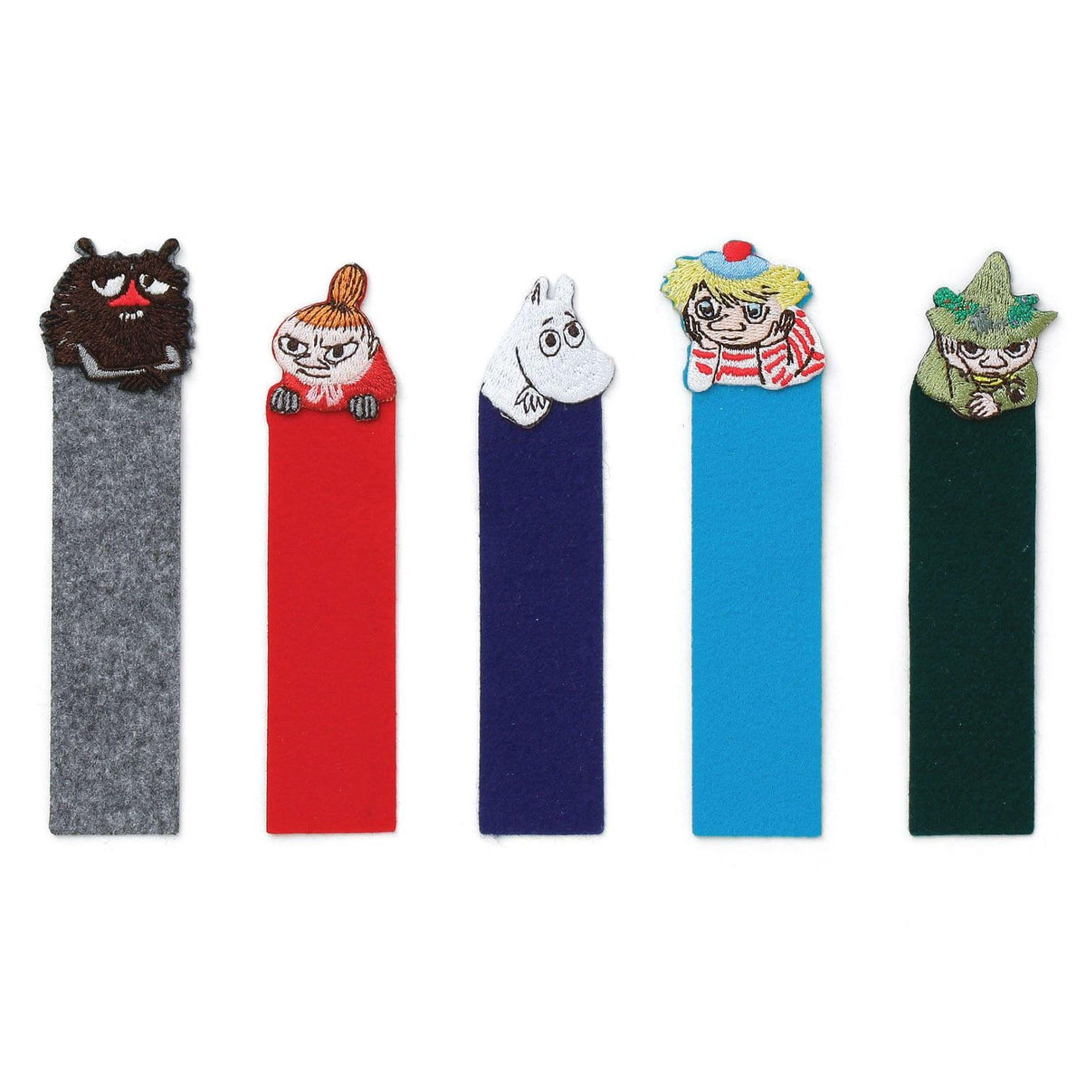 A collection of five colorful felt bookmarks, each featuring a different cartoon character.
