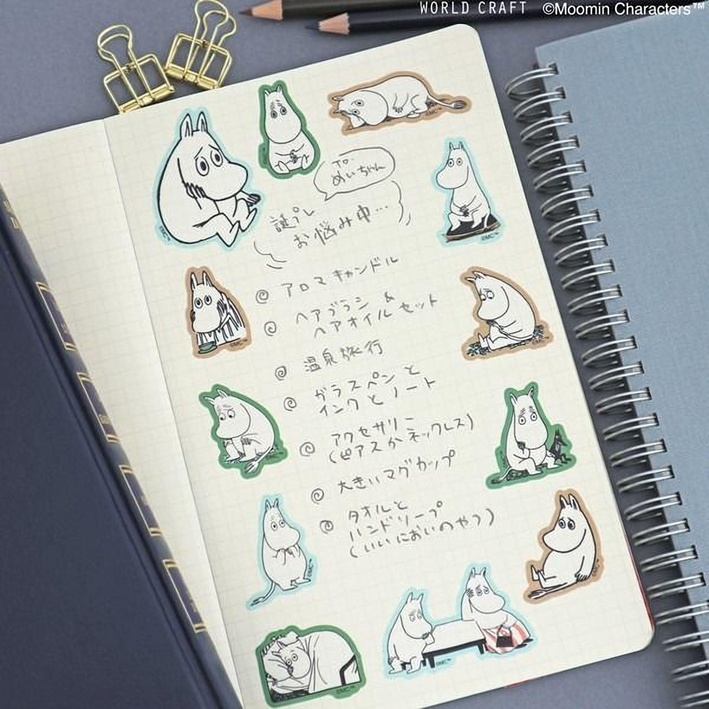 a notebook with a collection of cartoon character stickers and a list of Japanese text written in a notebook.