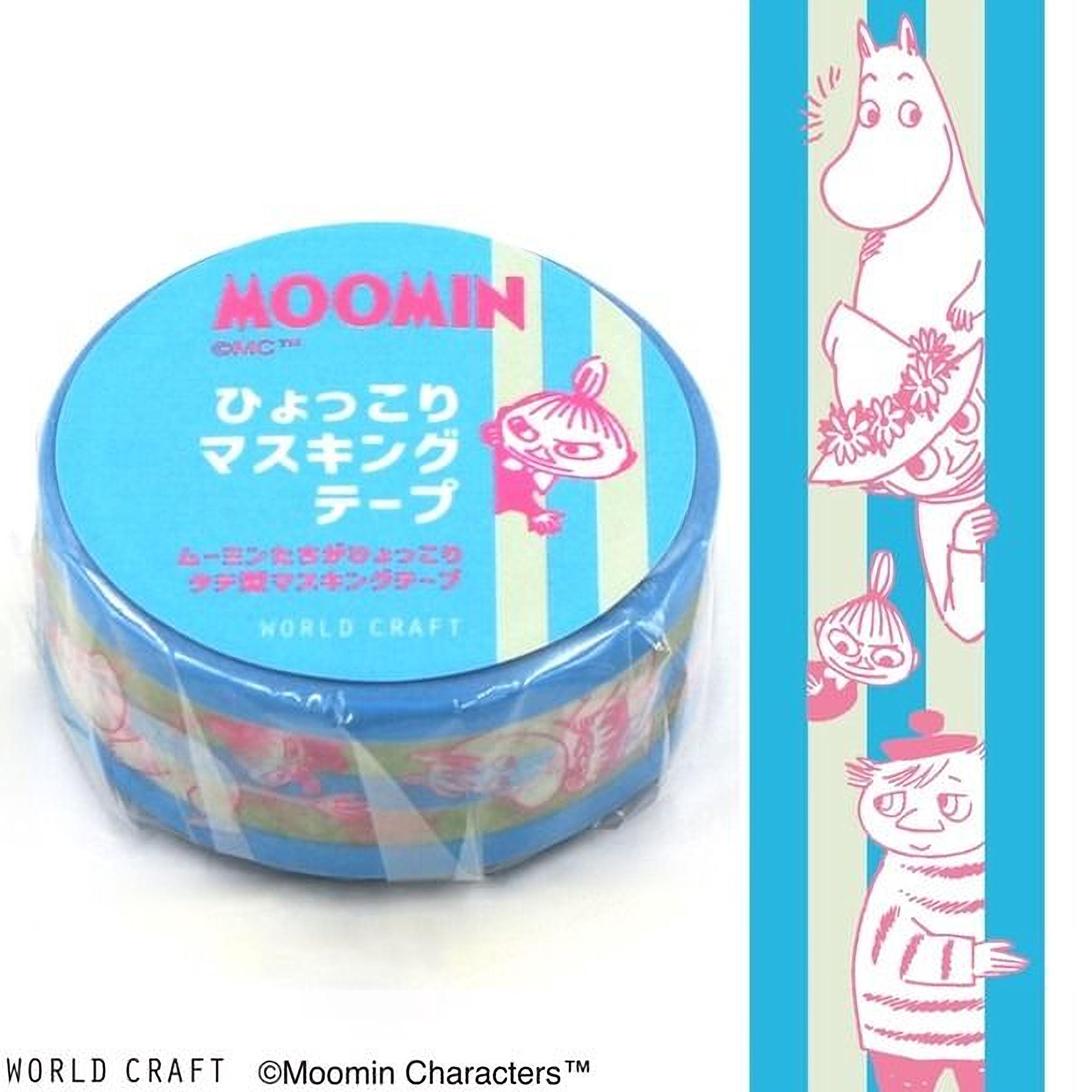 a blue circular object with text and illustrations of Moomin characters, including Moomin and Moomin's friends.