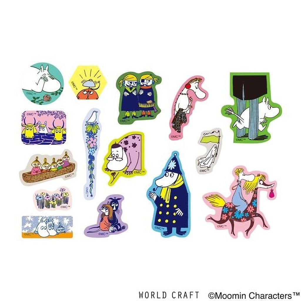 a collection of colorful stickers featuring various cartoon characters and scenes, including Moomins.