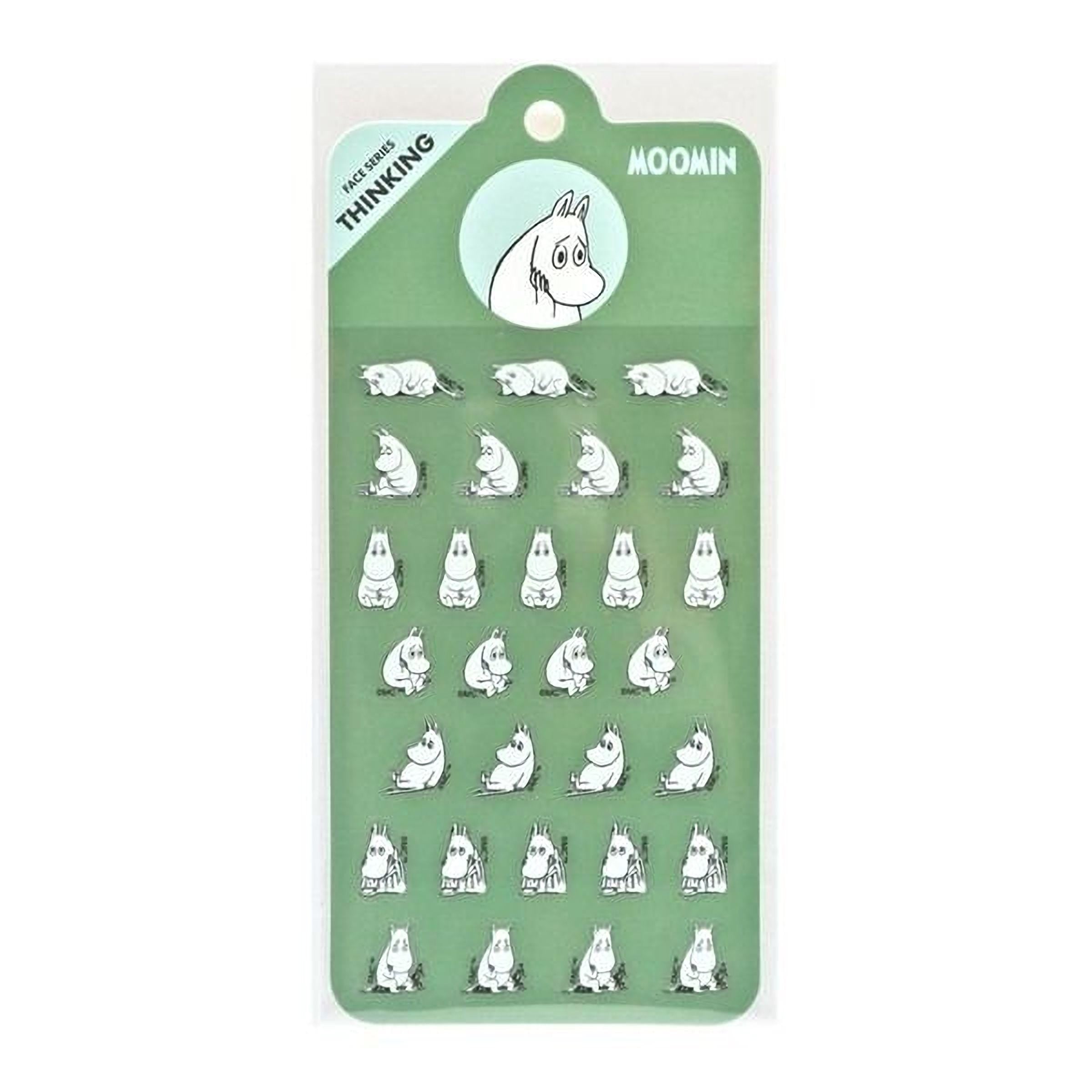 a collection of cartoon-style illustrations of a character, likely Moomin, arranged in a grid-like pattern on a green background.