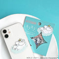 a white phone case with a cartoon character sticker on it, placed on a white plate against a teal background.