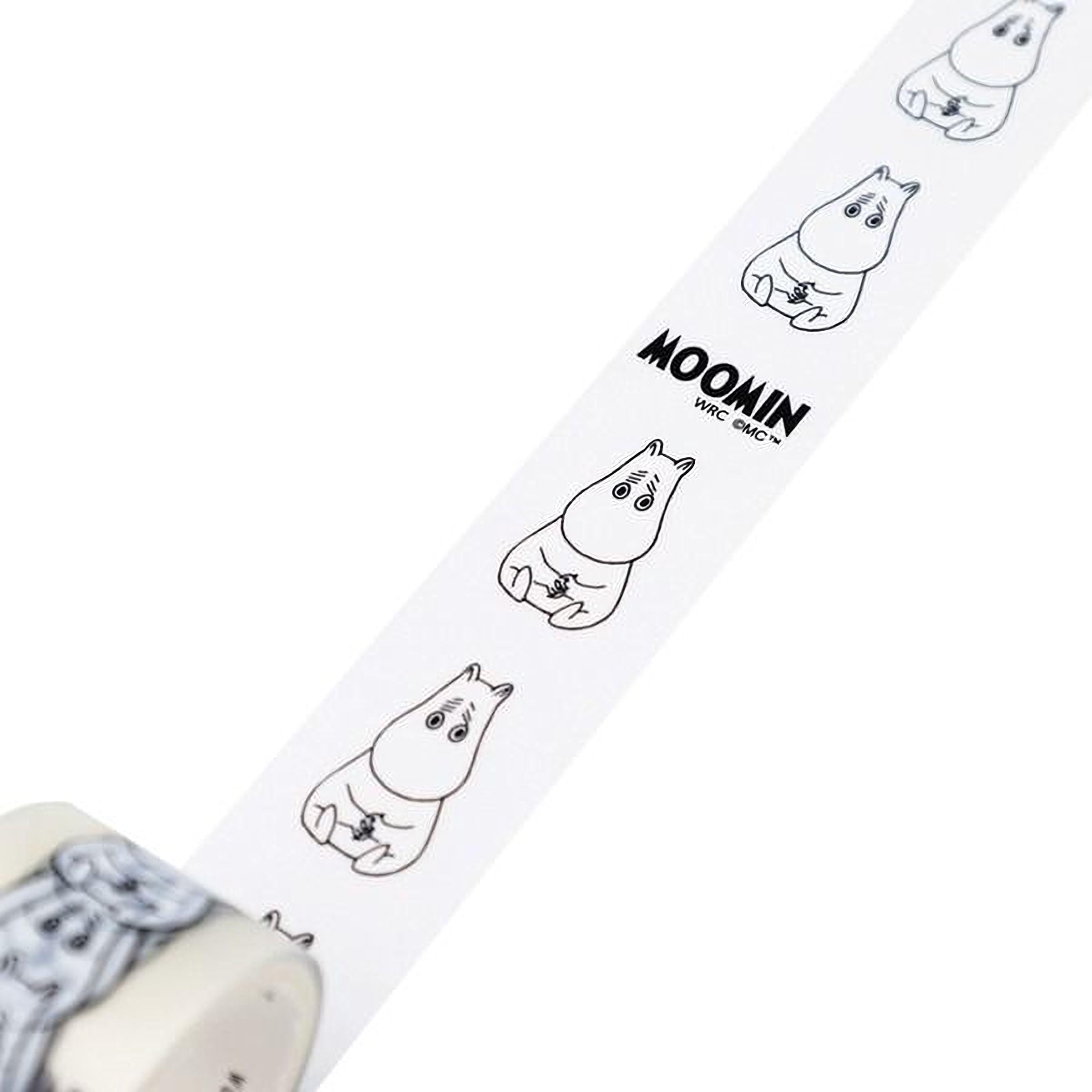 A roll of tape with a repeating pattern of cartoon-style illustrations of a character, likely Moomin, printed on it.