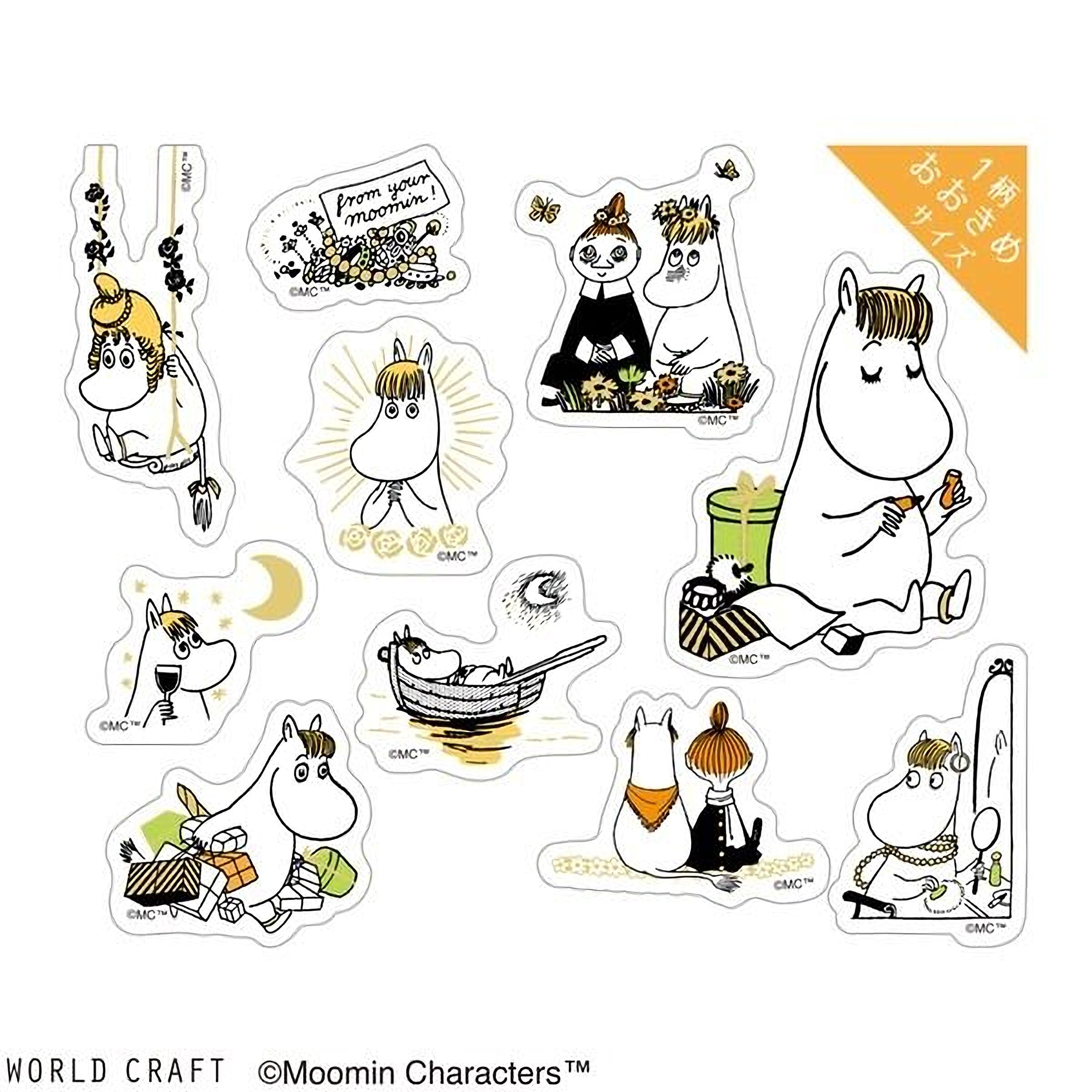 a collection of stickers featuring various Moomin characters from the animated series. The stickers depict the characters in different poses and settings, showcasing their unique personalities and interactions.