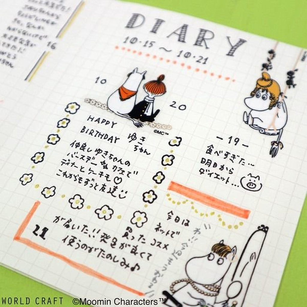 a handwritten diary page with various illustrations and text, including a character named Moomin. The page is filled with a mix of text and drawings, including a birthday celebration, a note about a character named Moomin, and a note about a character named Moomin. The page is organized with a grid layout, and the text is written in different colors, creating a visually appealing and detailed page.