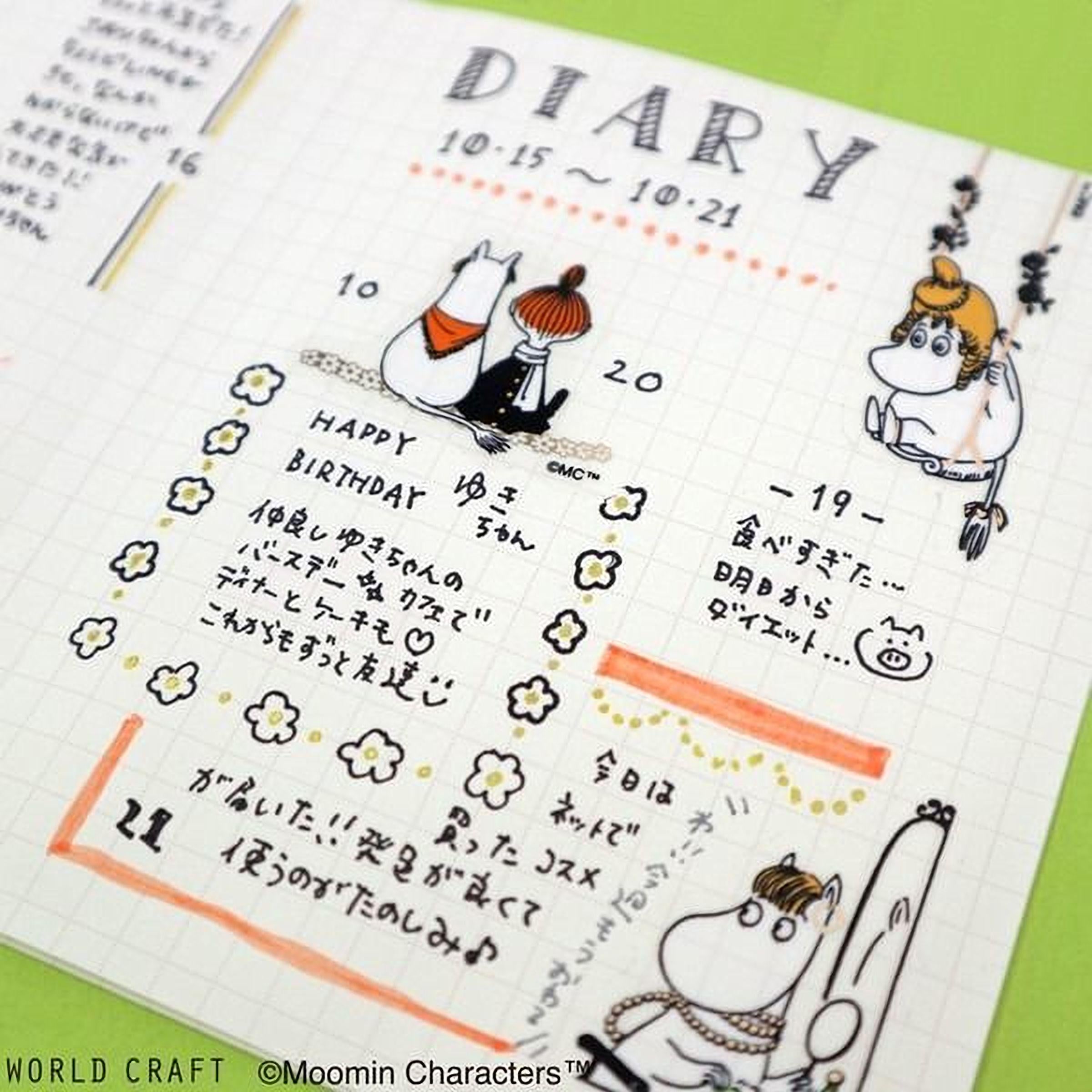 a handwritten diary page with various illustrations and text, including a character named Moomin. The page is filled with a mix of text and drawings, including a birthday celebration, a note about a character named Moomin, and a note about a character named Moomin. The page is organized with a grid layout, and the text is written in different colors, creating a visually appealing and detailed page.